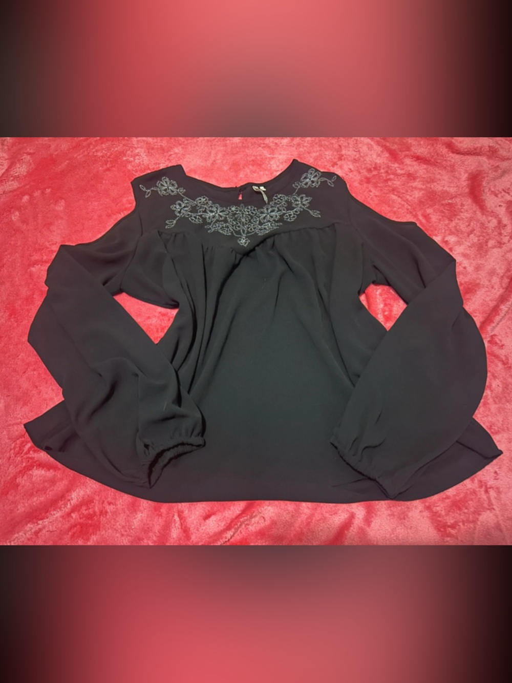 Red Camel Black Cold-Shoulder Embroidered Yoke Top